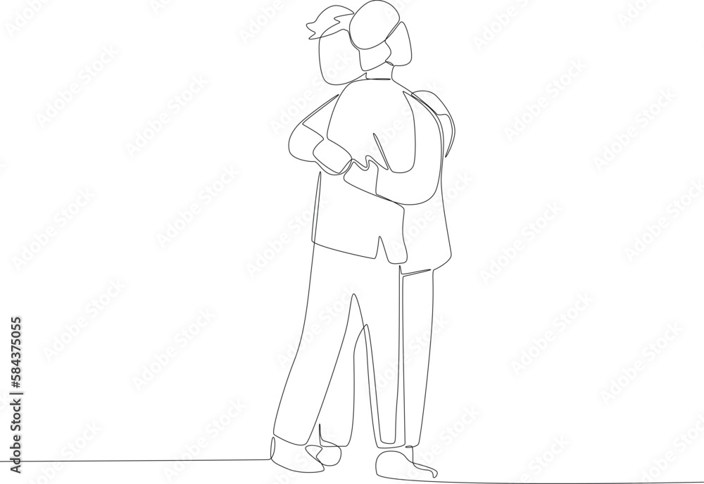 Two friendly men hugging each other. Silaturahim one-line drawing