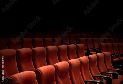 The seats of a cinema or a theater, surrounded by the darkness, rows of red velvet chairs. Evocative illustration.
