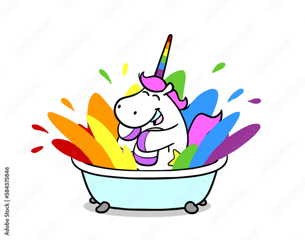 Lustiges Cartoon Einhorn springt in Badewanne mit Regenbogen Farbe - obrazy, fototapety, plakaty 