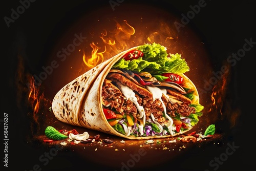 Traditional shawarma with meat and vegetables in flatbread on fire on black background, created with generative ai photo