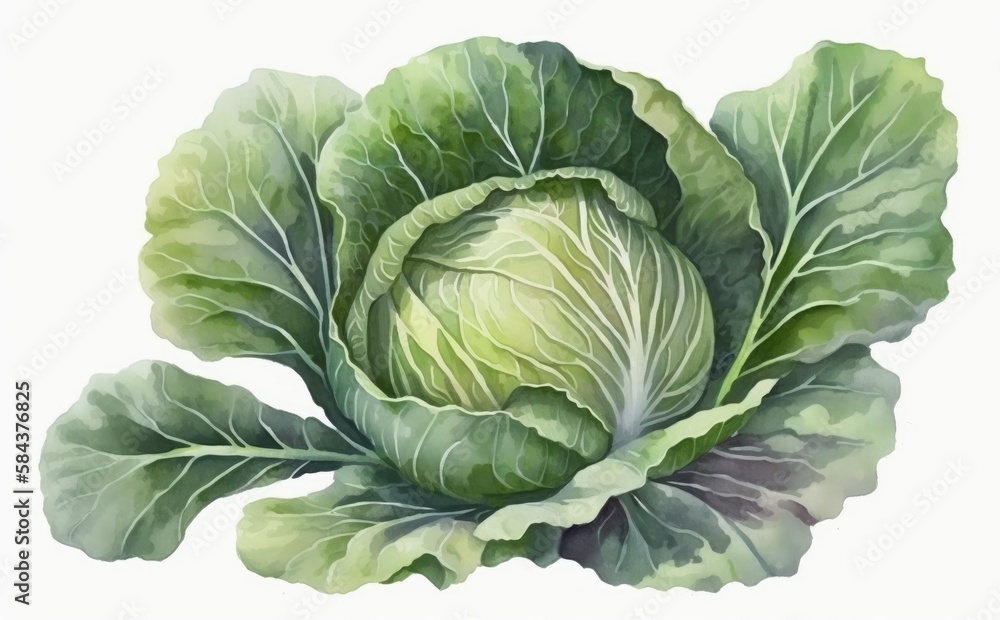 Fototapeta premium A drawn cabbage on white background watercolor vegetable organic food illustrations Generative AI