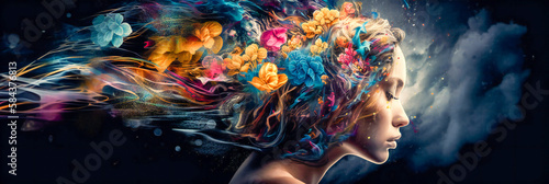 Banner of the profile of a woman head decorated with bright flowers, spring, awareness, spirituality concept on black background. Illustration created with generative AI tools.