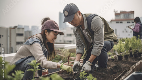 Urban farmers working in an urban garden on a roof poster - Fictional Person, Generative AI
