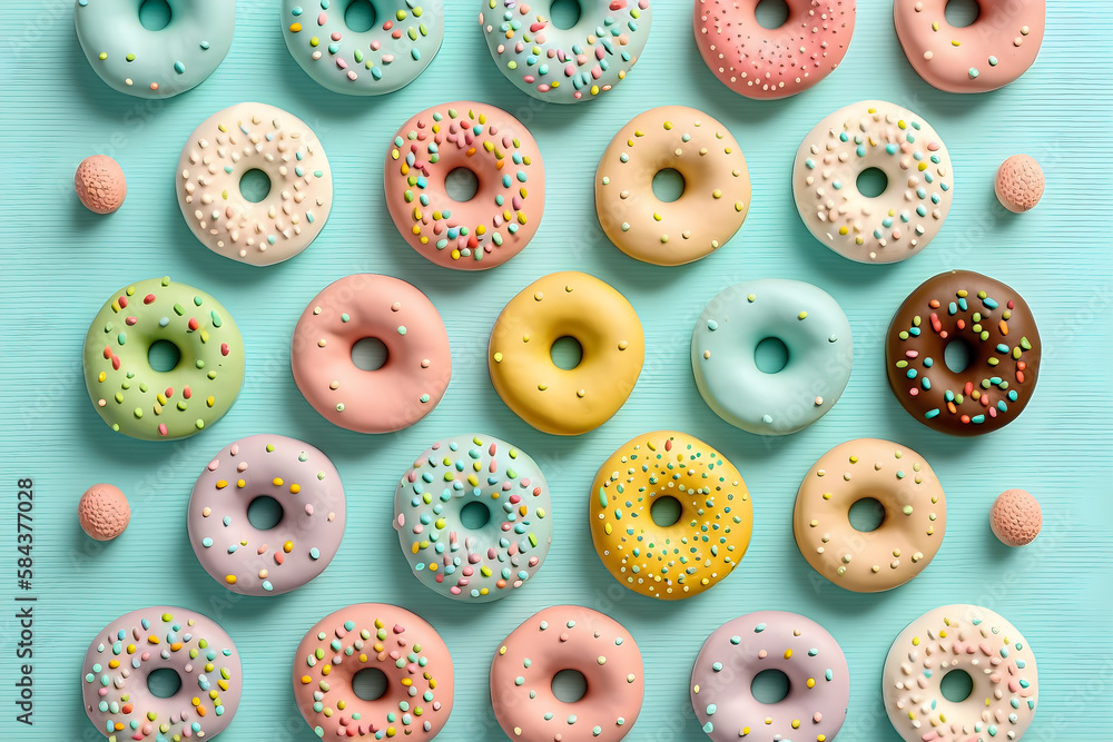 Multi-colored donuts on a blue background, pattern. AI generation. Multi-colored donuts on a blue background, pattern. AI generation.