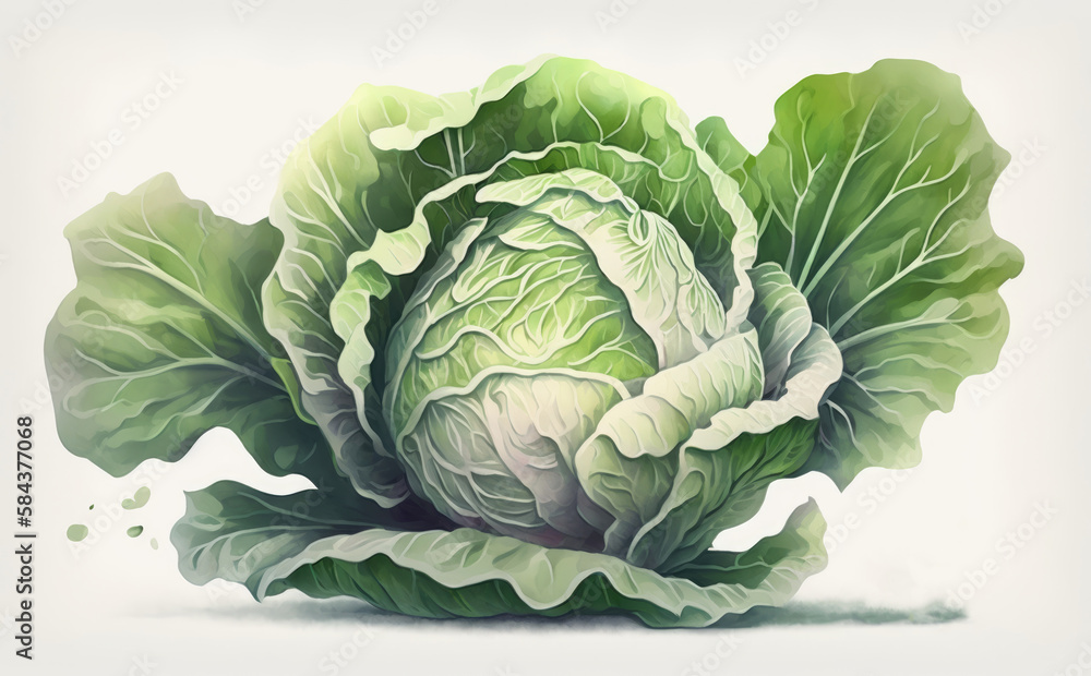 Fototapeta premium A drawn cabbage on white background watercolor vegetable organic food illustrations Generative AI