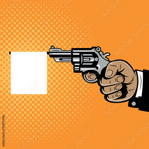 Hand with prop gun bang flag. popart illustration isolated