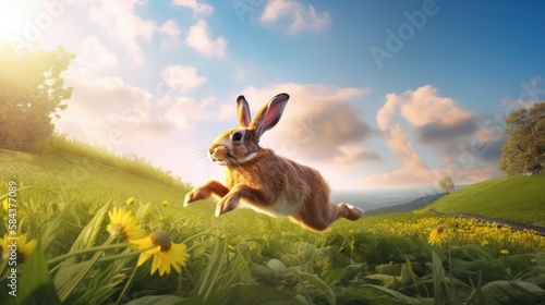 Happy Easter Bunny Racing Under Blue Sky in Lush Spring Landscape