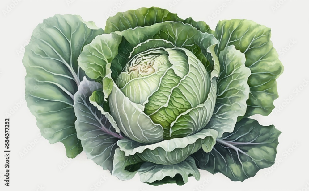 Fototapeta premium A drawn cabbage on white background watercolor vegetable organic food illustrations Generative AI