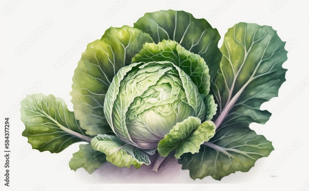 A drawn cabbage on white background watercolor vegetable organic food illustrations Generative AI A drawn cabbage on white background watercolor vegetable organic food illustrations Generative AI