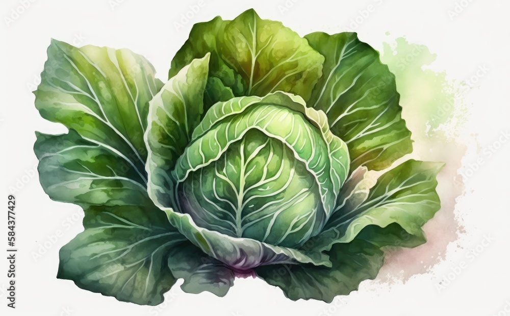 Fototapeta premium A drawn cabbage on white background watercolor vegetable organic food illustrations Generative AI