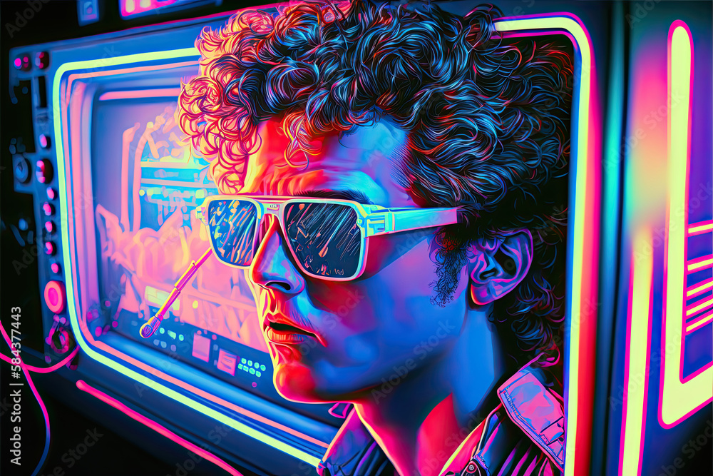 1980s Pop Art Illustration Of A Male Singer Wearing Curly Mullet And 1980s-pop-art-illustration-of-a-male-singer-wearing-curly-mullet-and