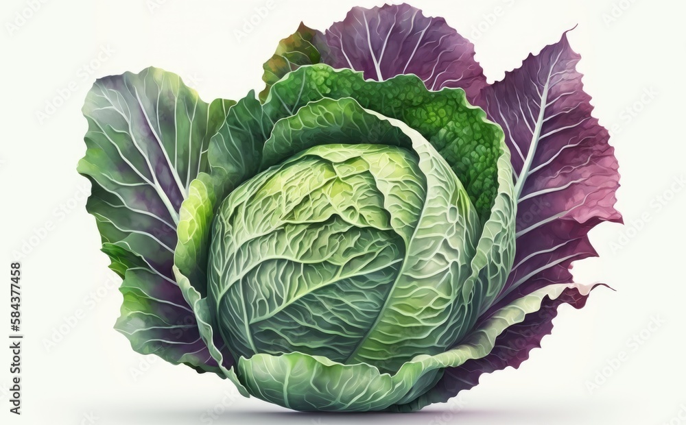 Fototapeta premium A drawn cabbage on white background watercolor vegetable organic food illustrations Generative AI