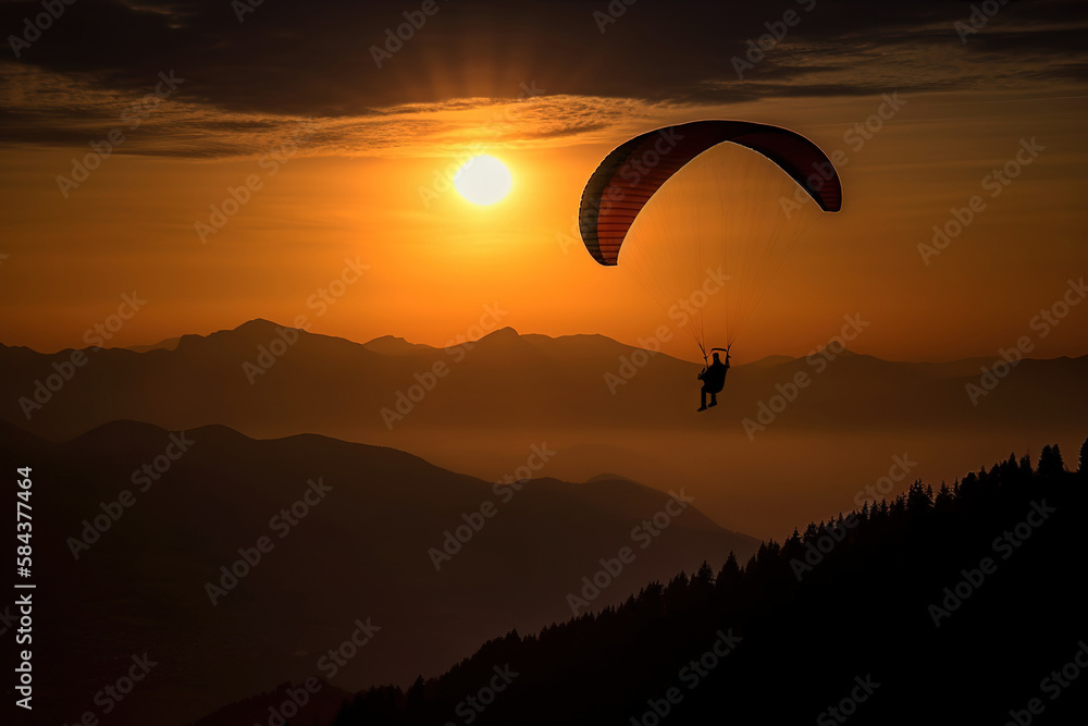 Parapente volando con un fondo de puesta de sol y montañas IA generative Parapente volando con un fondo de puesta de sol y montañas IA generative