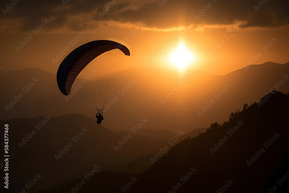 Parapente volando con un fondo de puesta de sol y montañas IA generative Parapente volando con un fondo de puesta de sol y montañas IA generative