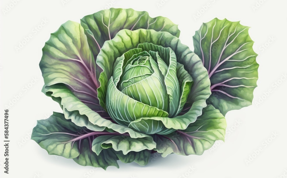 Fototapeta premium A drawn cabbage on white background watercolor vegetable organic food illustrations Generative AI