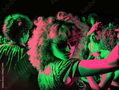 1980s pop art illustration of a blonde female dancer wearing sunglasses in a night club party on a fictional album cover, generative AI photo