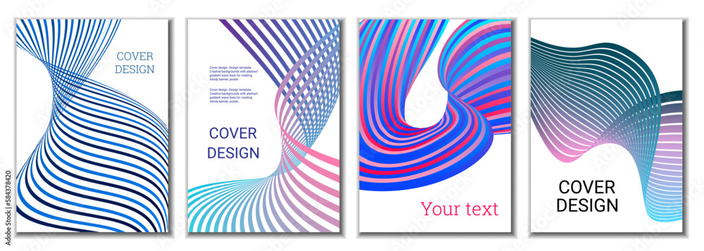 A set of 4 abstract covers. Wavy parallel gradient lines, ribbons evolve. Cover design, background. Trendy banner, poster. A set of 4 abstract covers. Wavy parallel gradient lines, ribbons evolve. Cover design, background. Trendy banner, poster.