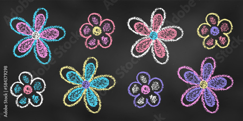 Set of Design Elements Flowers of Different Colors Isolated on Chalkboard Backdrop. Realistic Chalk Drawn Sketch.