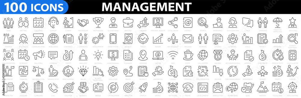 Business Management 100 icons set. Outline Icon Collection. Time management and planning concept, management. Mission, Values, Human Resource, Experience. Vector illustration - obrazy, fototapety, plakaty 