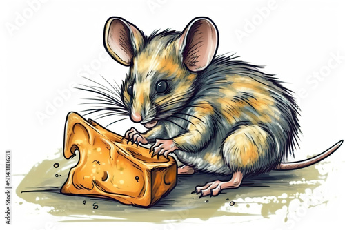 Mouse and cheese. Illustration of the mouse eating the cheese. AI generated vector illustration. 