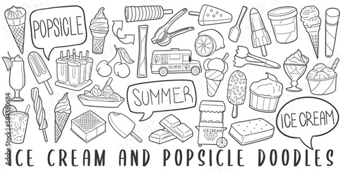 Ice Cream Doodle Icons. Hand Made Line Art. Popsicle Clipart Logotype Symbol Design.