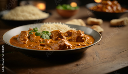 Sizzling Butter Chicken  Aromatic Indian Dish  Steaming on Dark Background