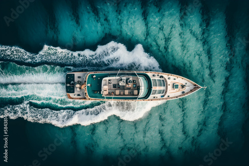 Aerial view of a small luxury yacht on the blue sea - generative ai