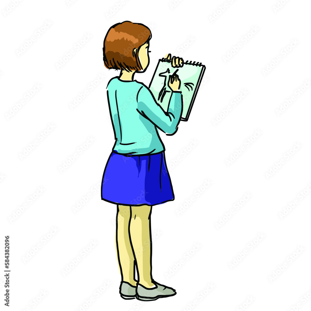 Hand drawn illustration of a girl drawing in a sketchbook. Back view. Hand drawn illustration of a girl drawing in a sketchbook. Back view.