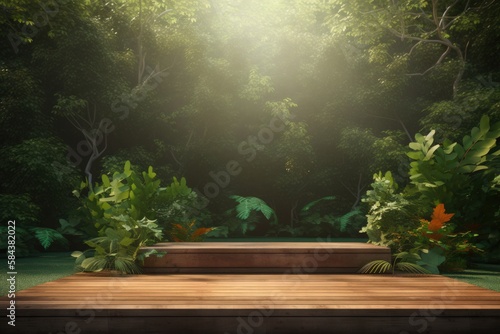 Empty Wooden Stage with Natural Green Leaves Backdrop 3D Rendered in High Resolution for Luxury Product Showcase