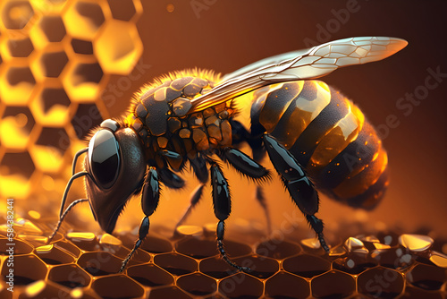 Honey bee with high contrast, golden honeycomb background © Generative Ai