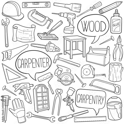 Carpenter Doodle Icons. Hand Made Line Art. Wood Working Clipart Logotype Symbol Design.
