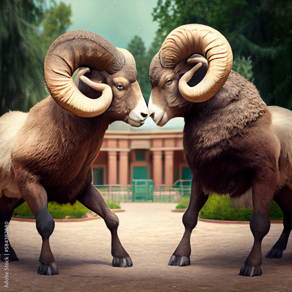 Two rams are fighting with their horns - obrazy, fototapety, plakaty 
