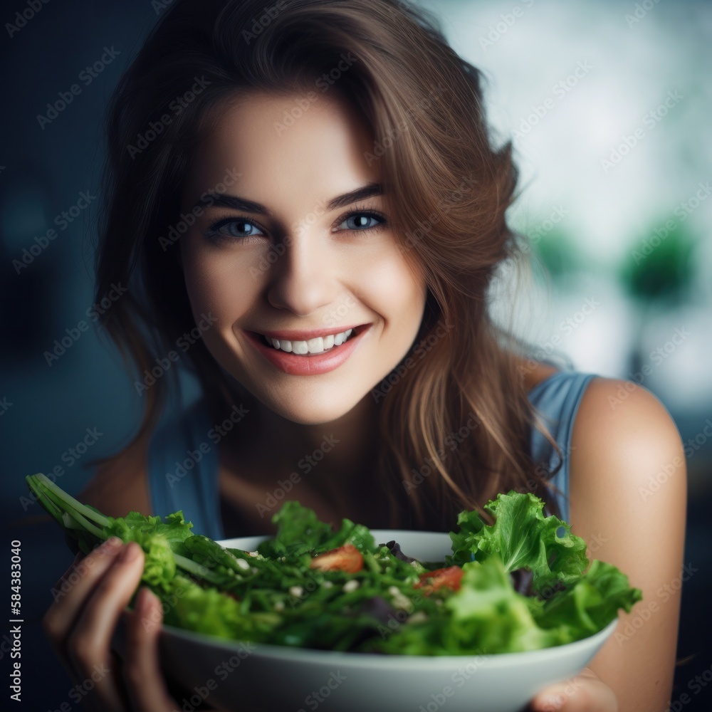 Woman is holding a bowl of salad and smiling. Concept of health and positivity, as the woman is enjoying a nutritious meal Woman is holding a bowl of salad and smiling. Concept of health and positivity, as the woman is enjoying a nutritious meal
