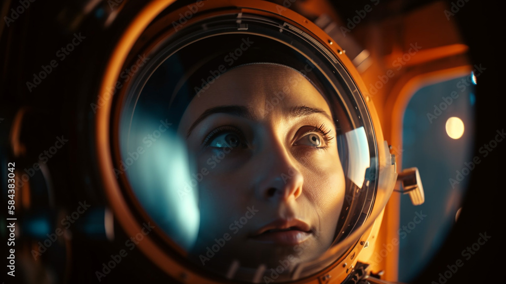 Female astronaut in space suit closeup created with Generative AI Female astronaut in space suit closeup created with Generative AI