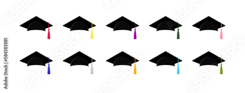 Graduation caps with colorful tassels for graduate from college, university or high school. Icons of academic education, diploma, scholar degree. Set of vector flat cartoon illustrations
