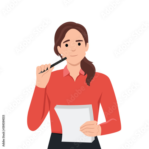 Cute woman writes some notes in notepad. Young student girl is thoughtful with pencil in hand