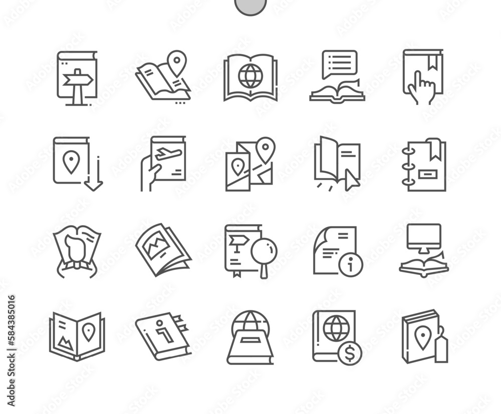 Map book. User manual. Travel guide location book. Pixel Perfect Vector Thin Line Icons. Simple Minimal Pictogram Map book. User manual. Travel guide location book. Pixel Perfect Vector Thin Line Icons. Simple Minimal Pictogram