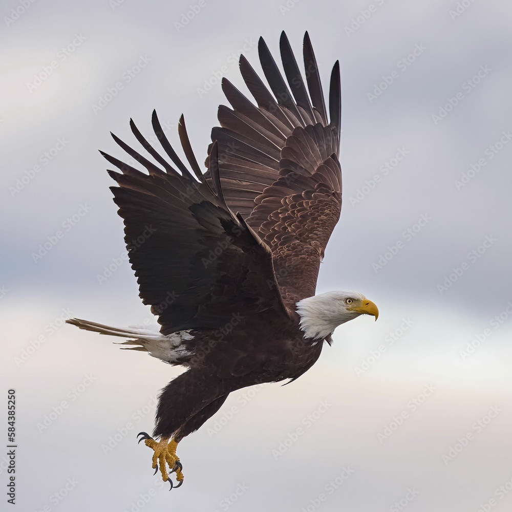 Obraz premium Selective focus shot of a powerful bald eagle flying in the sky