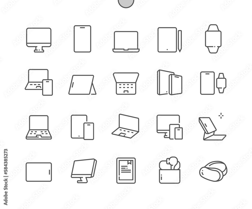 Personal devices. Tablet, watch, desktop, laptop, headphones, smartphone. Smart gadget. Pixel Perfect Vector Thin Line Icons. Simple Minimal Pictogram