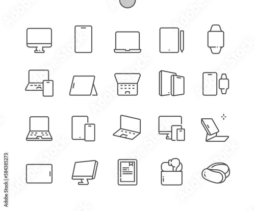 Personal devices. Tablet, watch, desktop, laptop, headphones, smartphone. Smart gadget. Pixel Perfect Vector Thin Line Icons. Simple Minimal Pictogram