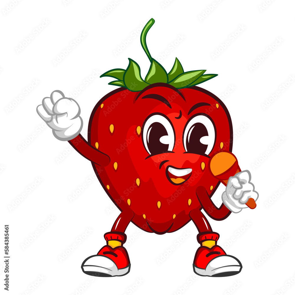 Fototapeta premium mascot character vector illustration of a singing strawberry with a mic