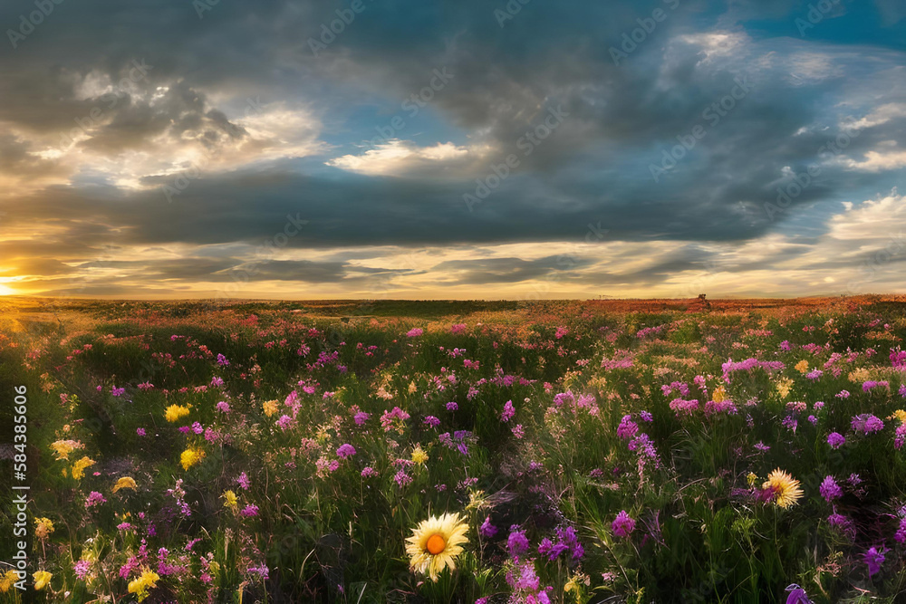 Painting style illustration of a field with flowers at sunset