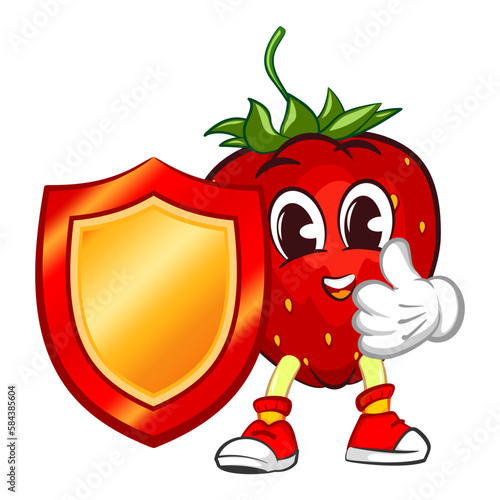 mascot character vector illustration of strawberry with shield