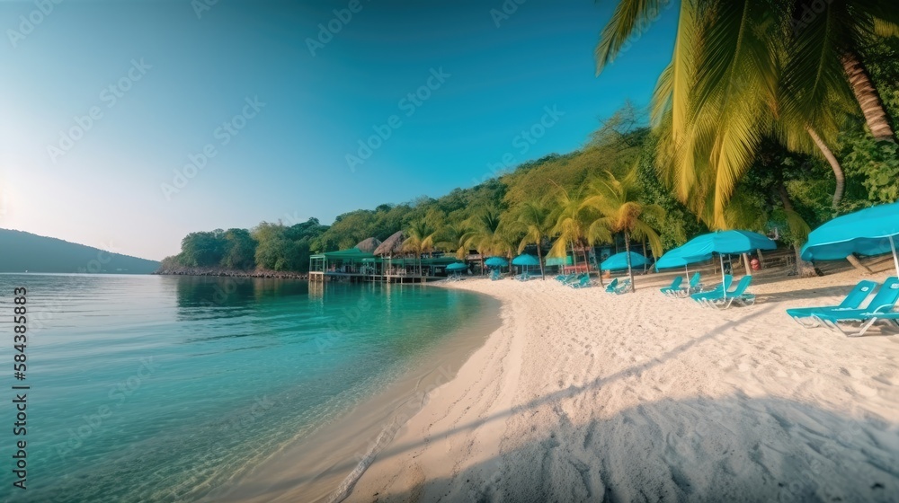 Fototapeta premium Seaside Serenity: A Tranquil Beach with Towering Palms and Crystal-Clear Waters, AI Generative