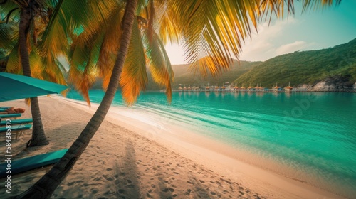 Coastal Escape: Towering Palms and Vibrant Umbrellas on a White Sandy Beach, AI Generative © NikoArakelyan