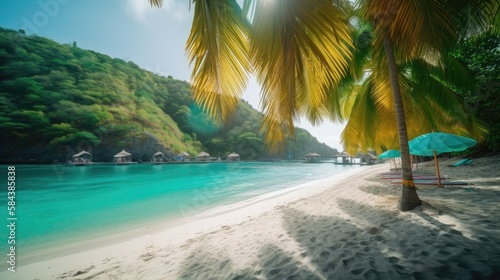 Paradise Found  A Vibrant Tropical Beachscape with Towering Palms and Azure Waters  AI Generative