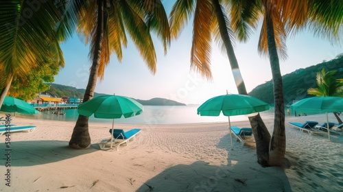 Secluded Serenity: Towering Palms and Vibrant Umbrellas on a White Sandy Beach, AI Generative