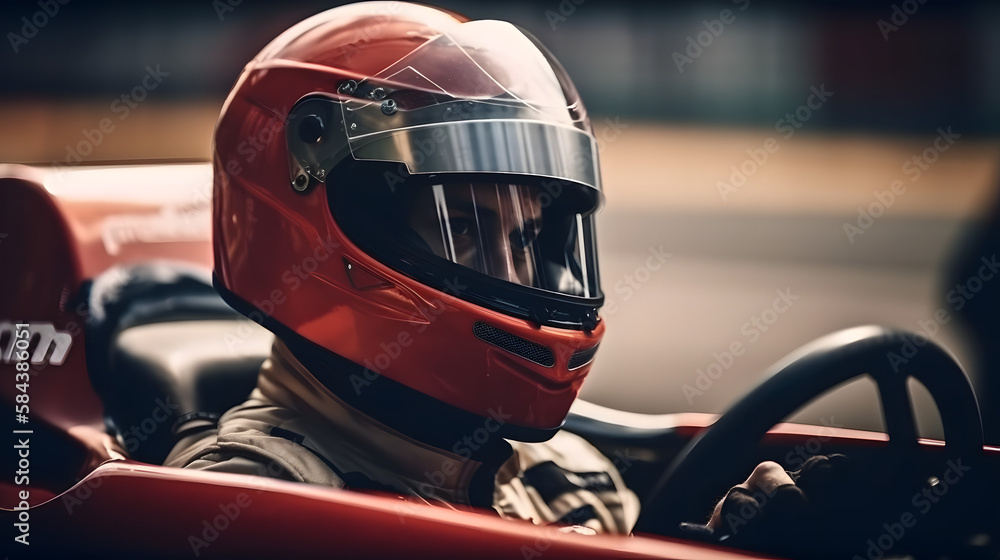 Fototapeta premium formula one driver, with formula one cars, generative ai