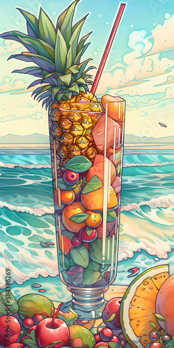 illustration of a glass of juice  fruit juice on a beach with a background of a sea with waves  generative ai