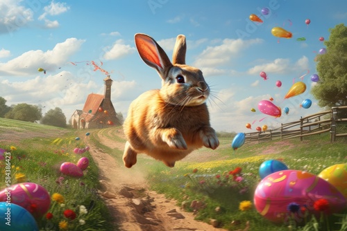 Easter Bunny Racing with Easter Eggs Flying in Sunny Landscape